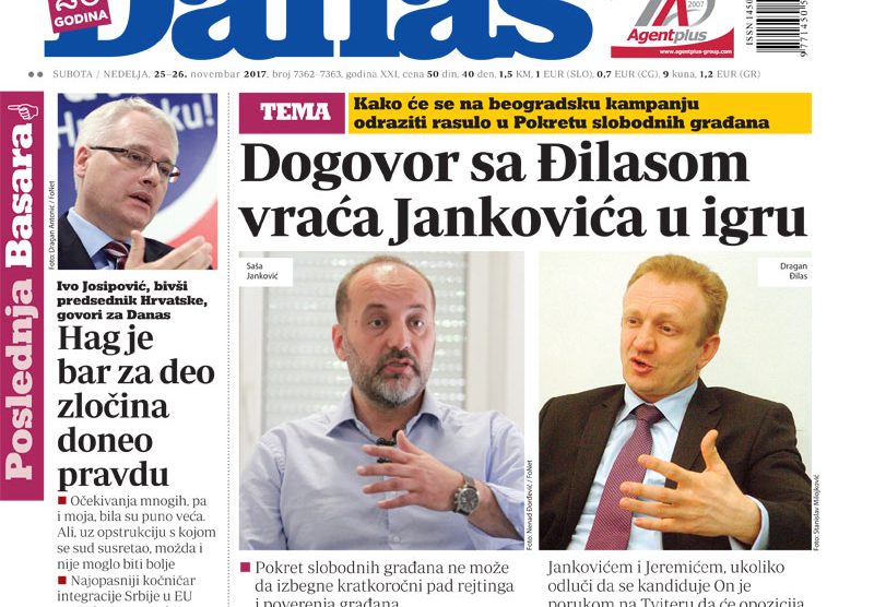 Naslovna strana dnevnog lista Danas - Srbija izbori